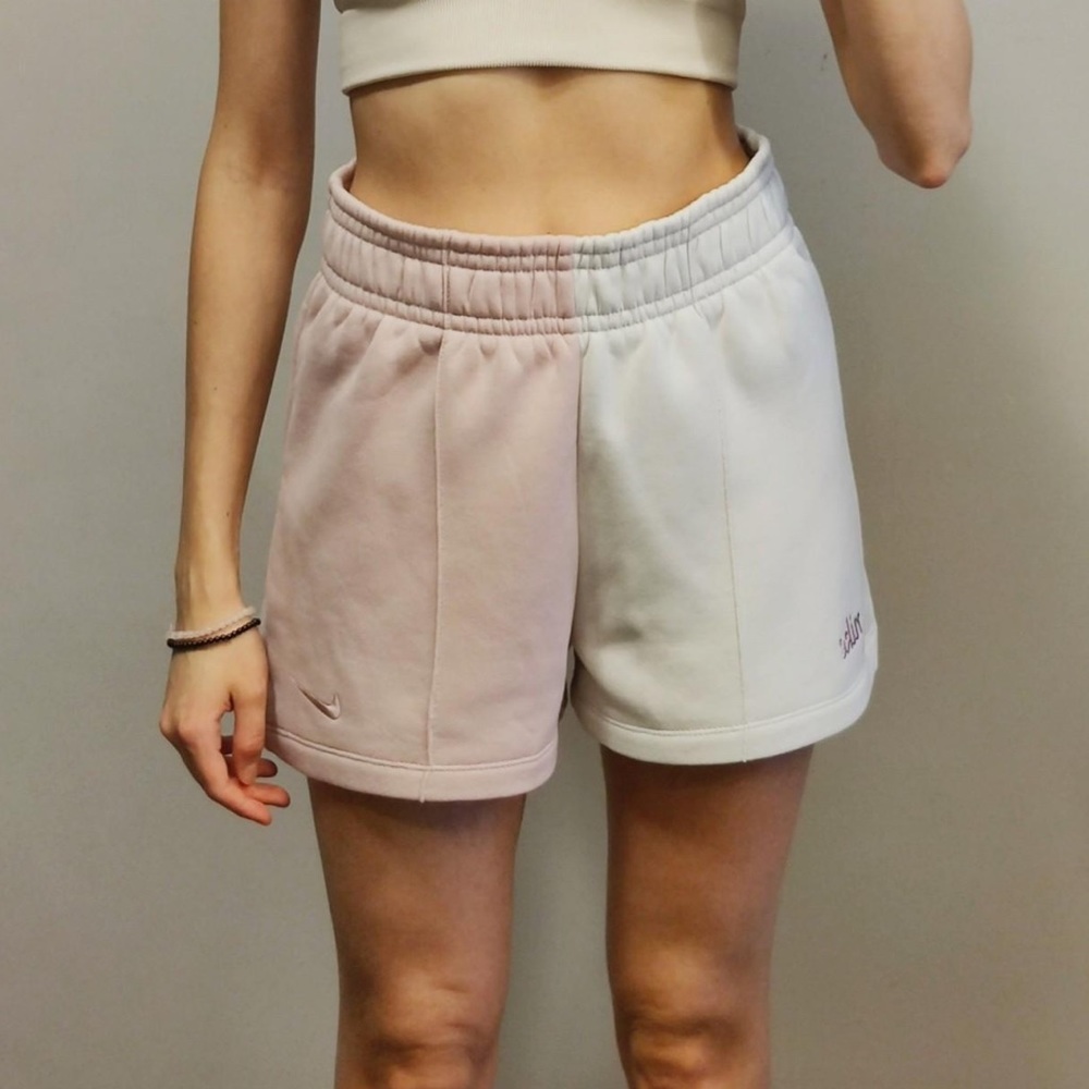 NWOT Nike fleece shorts in two tone pink and white colour block, Standard fit